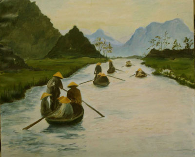 barques  sur le fleuve  peinture d'après  une photo  de   Géo