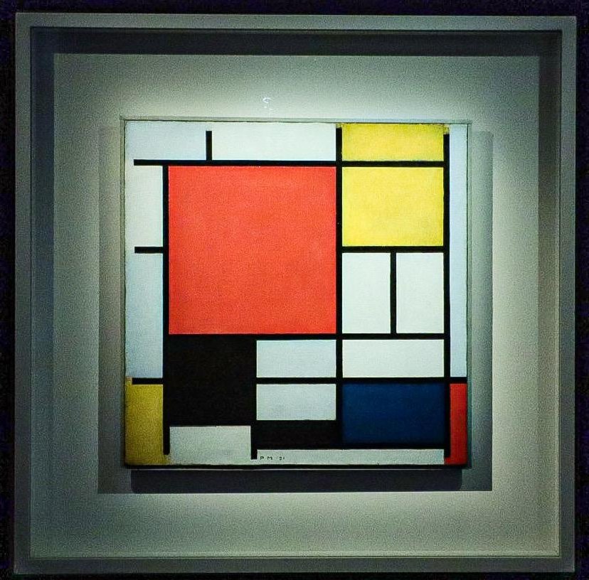 mondrian composition avec grand plan rouge jaune noir gris bleu 1921