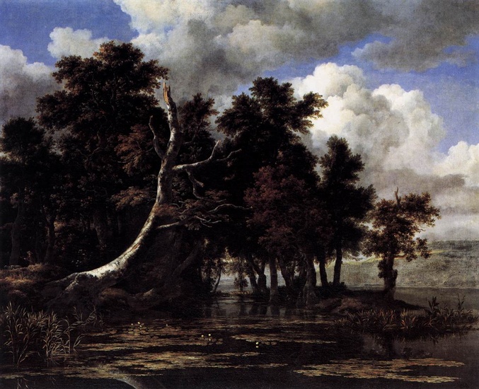 Ruysdael foret de chenes au bord de l eau avec nenuphars