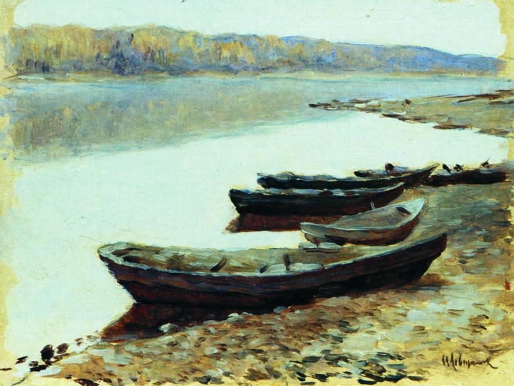 landscape on volga boats by the riverbank 1878